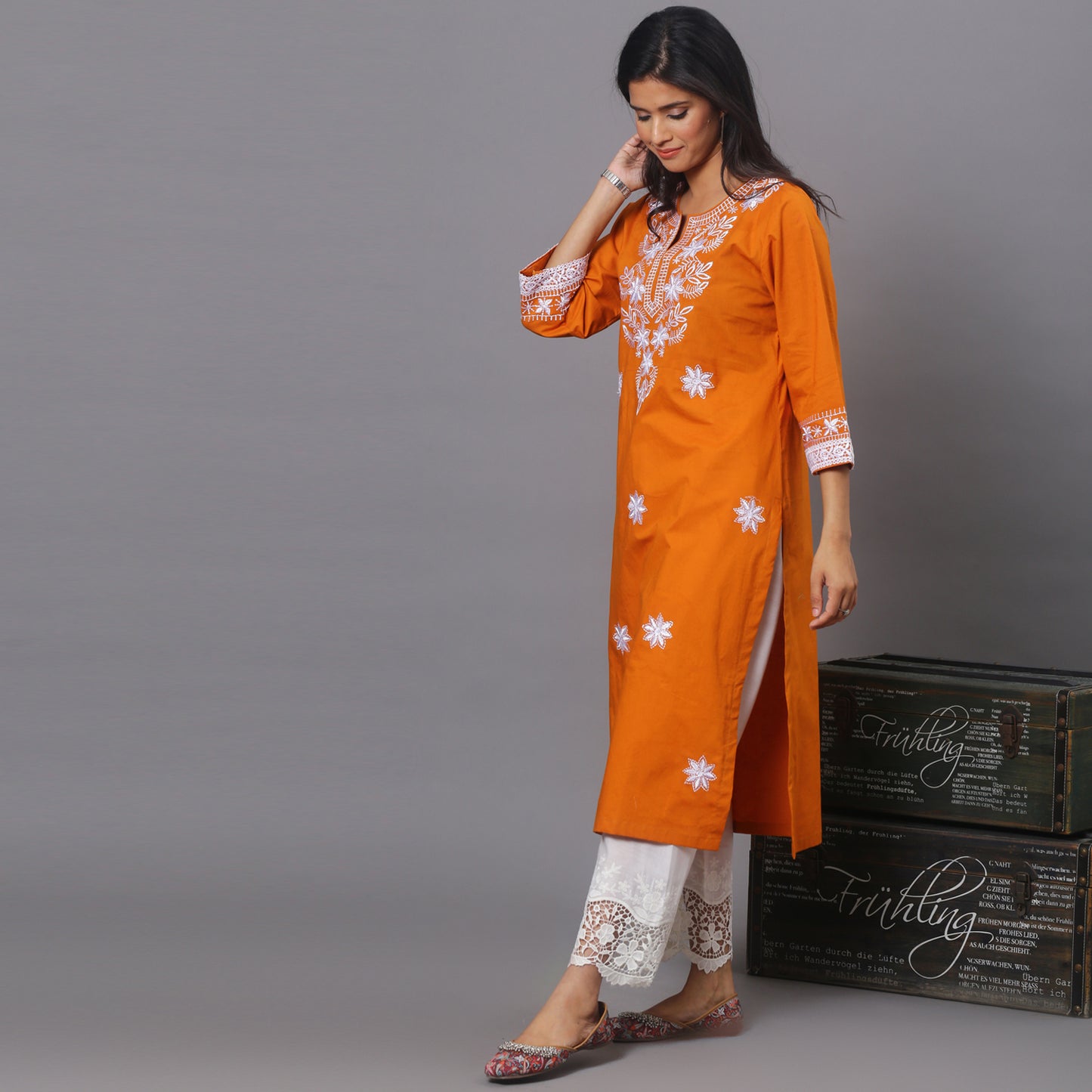 orange Cotton kurta with Embroidery