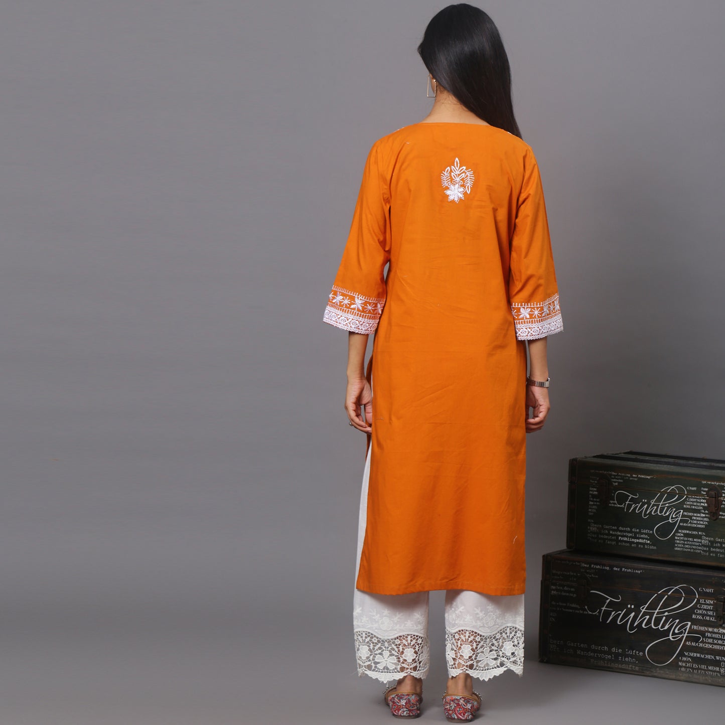 orange Cotton kurta with Embroidery