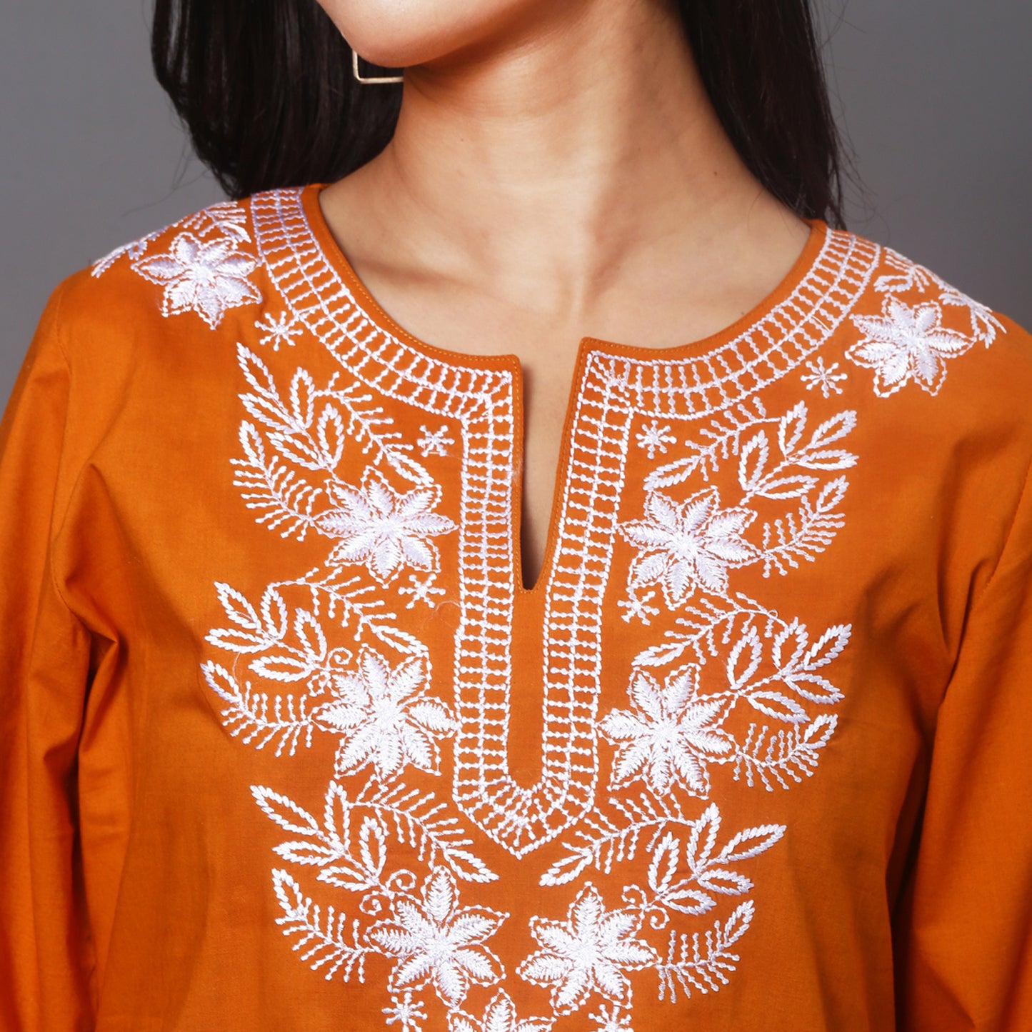 orange Cotton kurta with Embroidery
