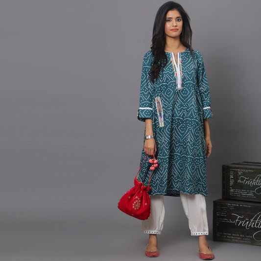 green Bandhni Kurta Set With White Harem Pants