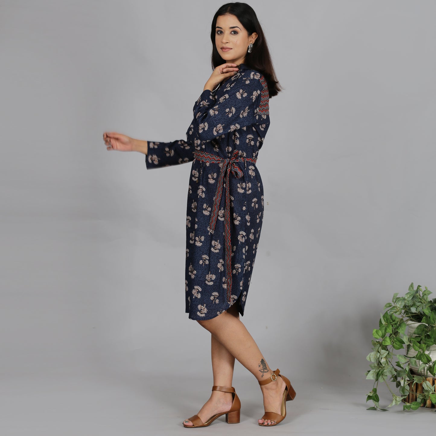 Blue printed cotton shirt dress with a belt