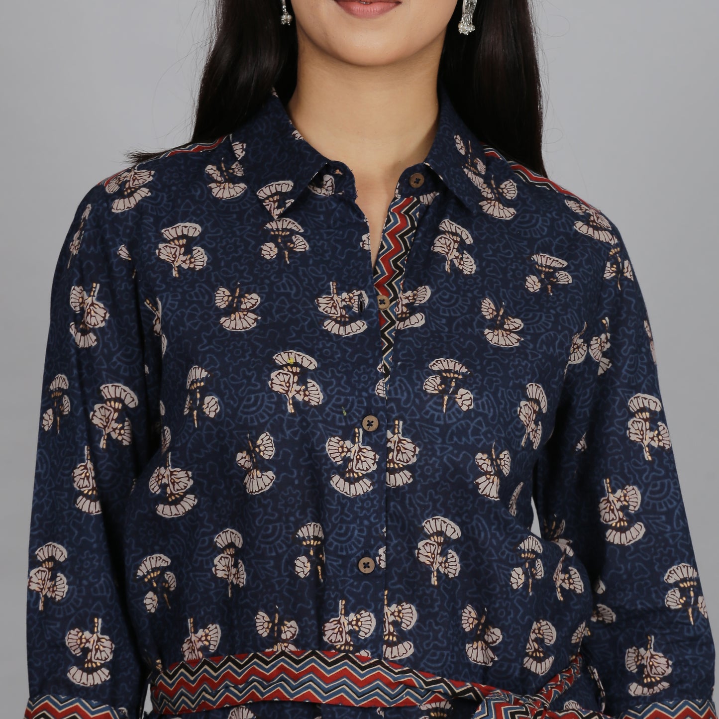 Blue printed cotton shirt dress with a belt