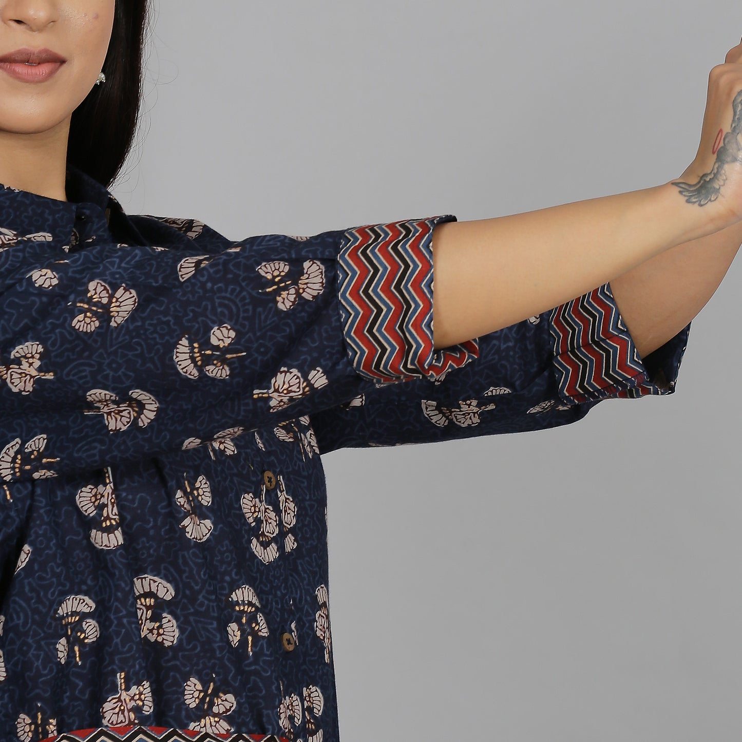 Blue printed cotton shirt dress with a belt