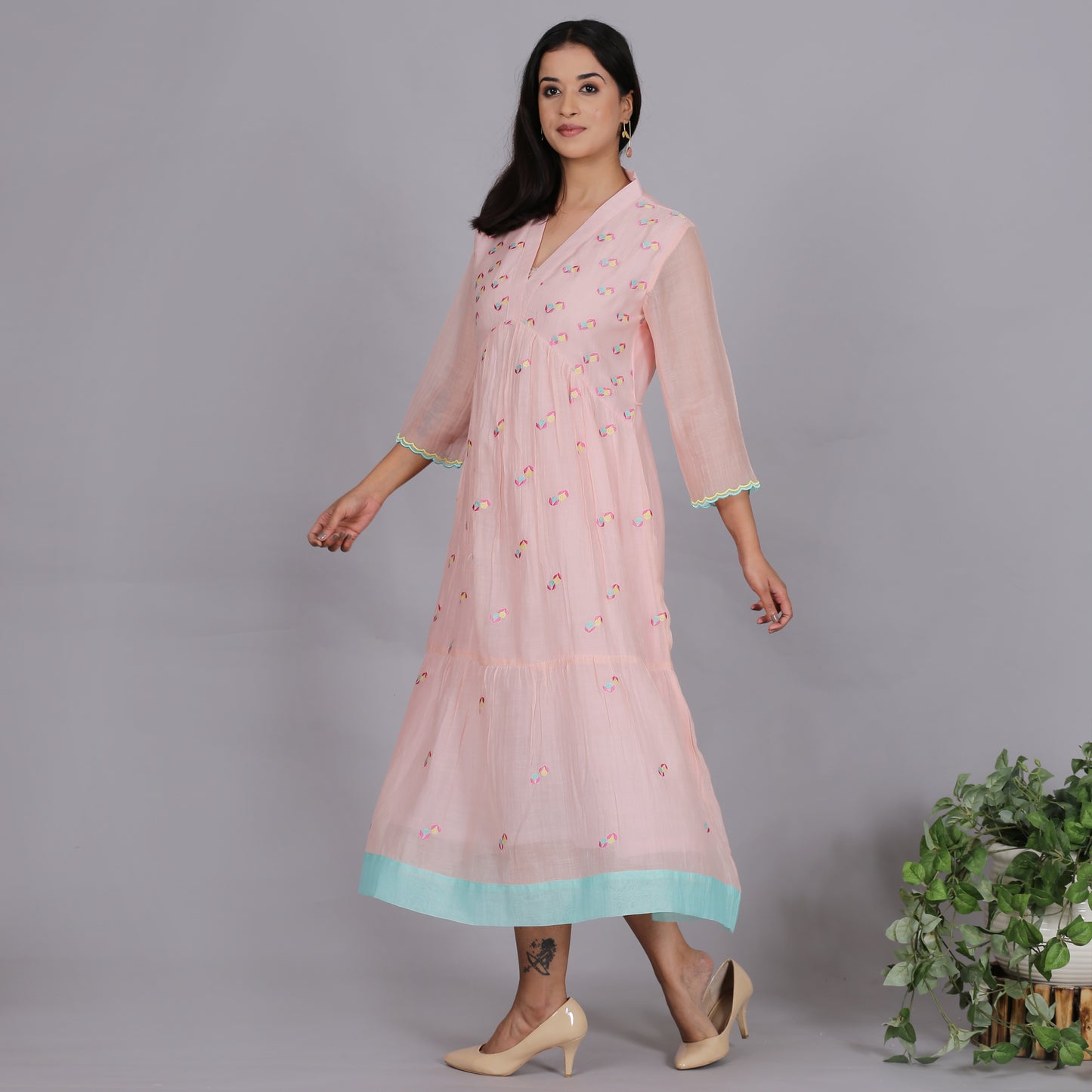 Peach Chanderi gathered dress with Embroidery