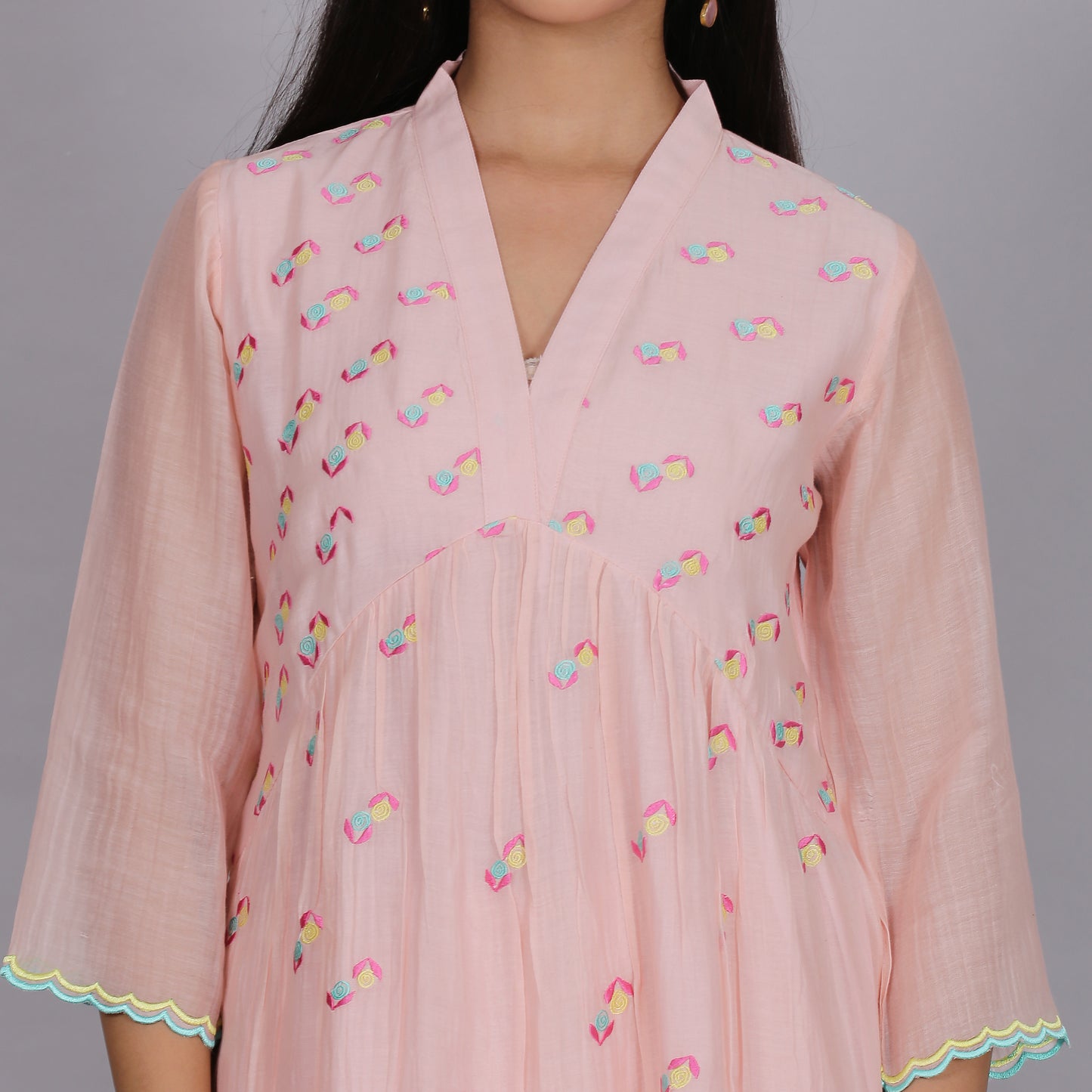Peach Chanderi gathered dress with Embroidery