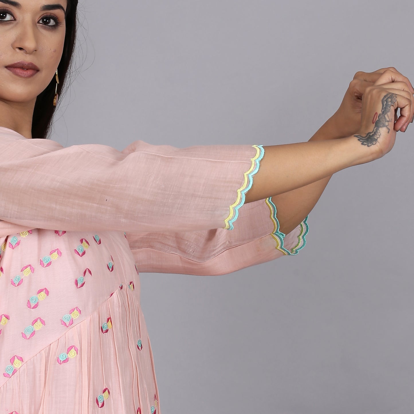 Peach Chanderi gathered dress with Embroidery