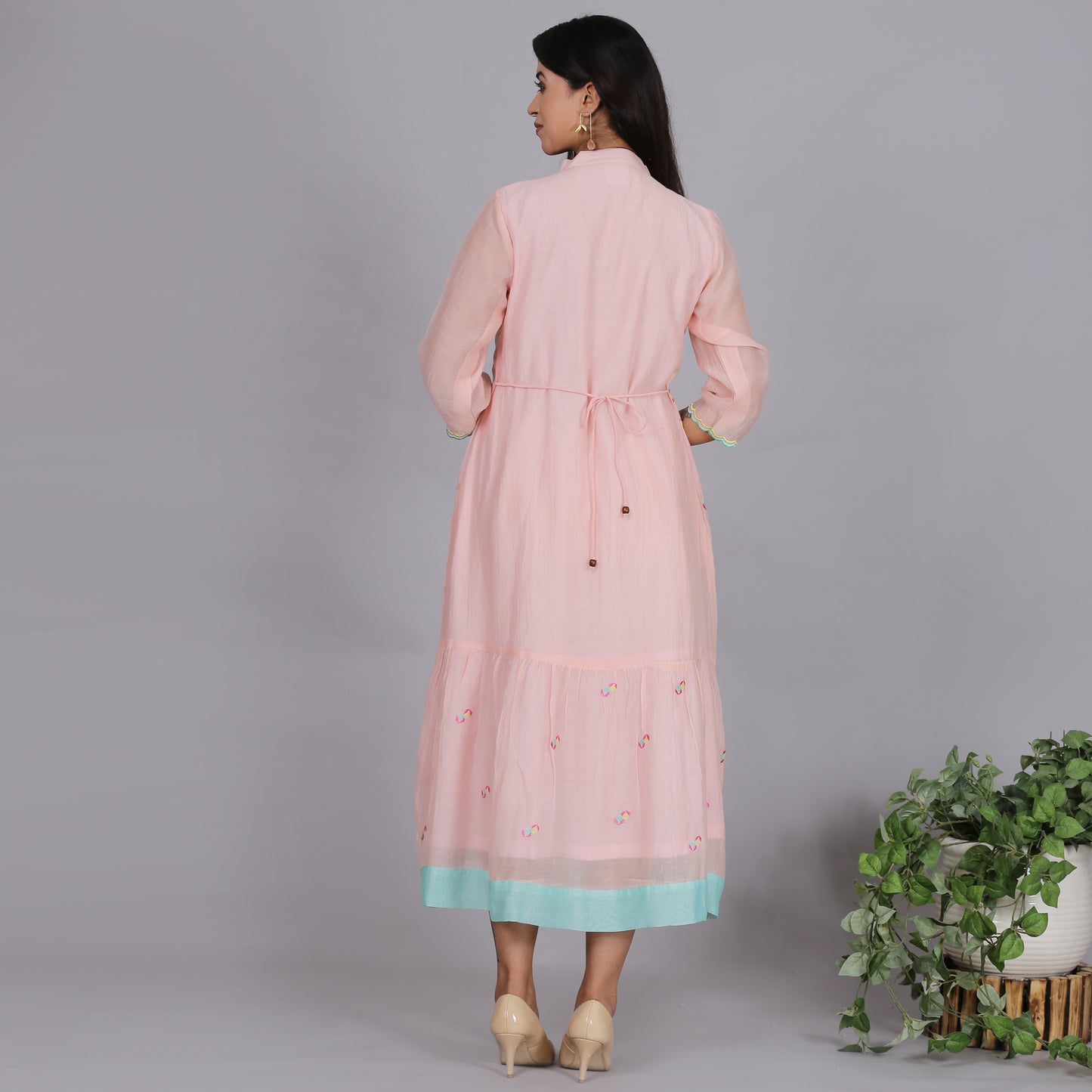 Peach Chanderi gathered dress with Embroidery