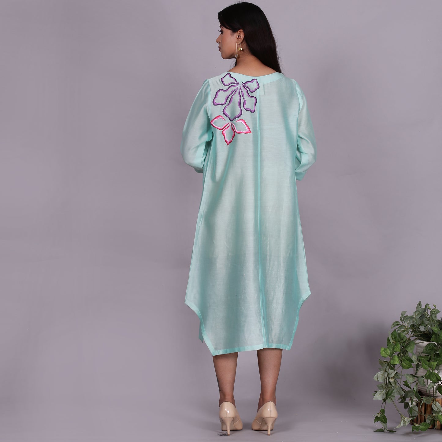 Aqua Chanderi straight dress with slip (2pcs set)