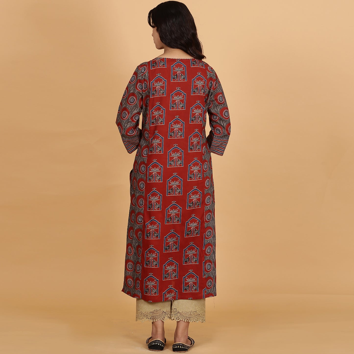Red printed Cotton Side Panelled A-line kurta