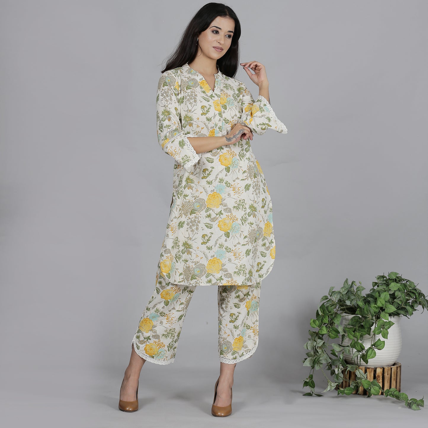 Yellow floral printed cotton flax co-ord set