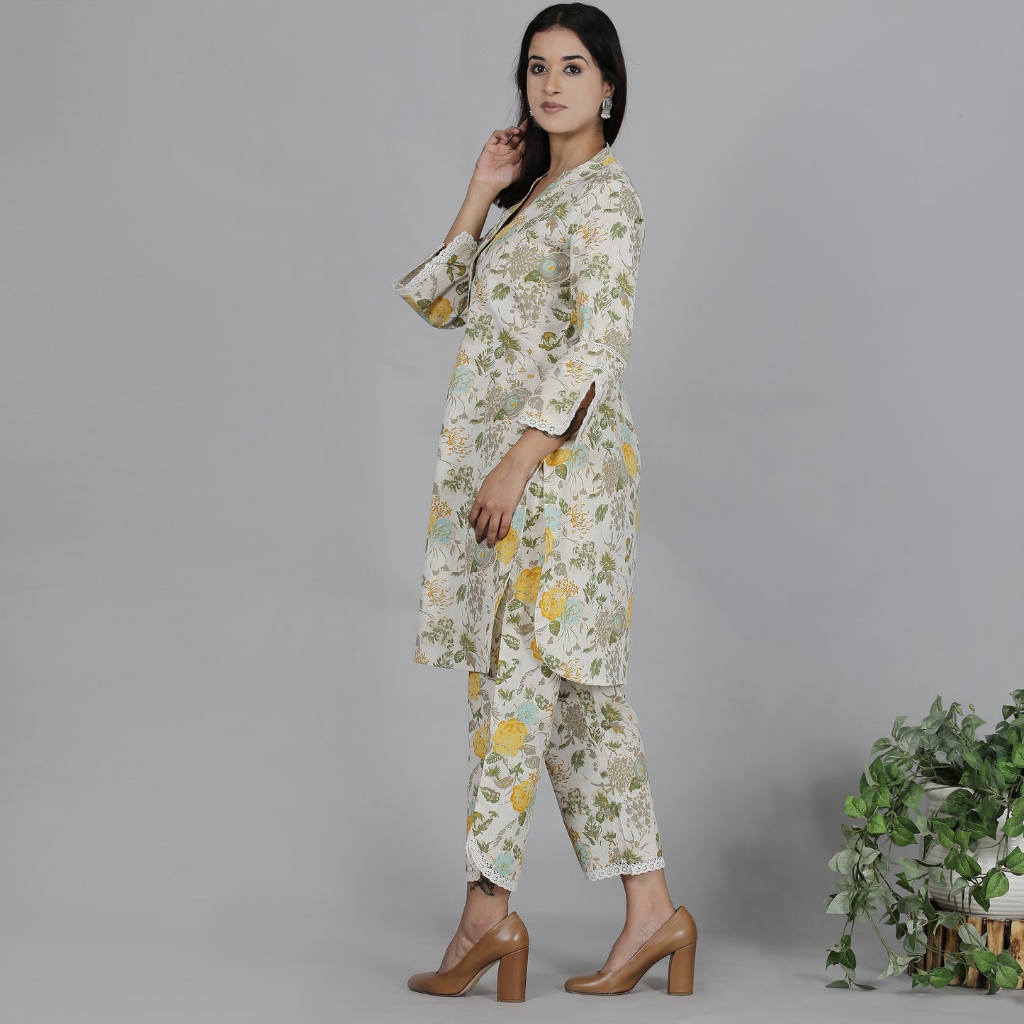 Yellow floral printed cotton flax co-ord set