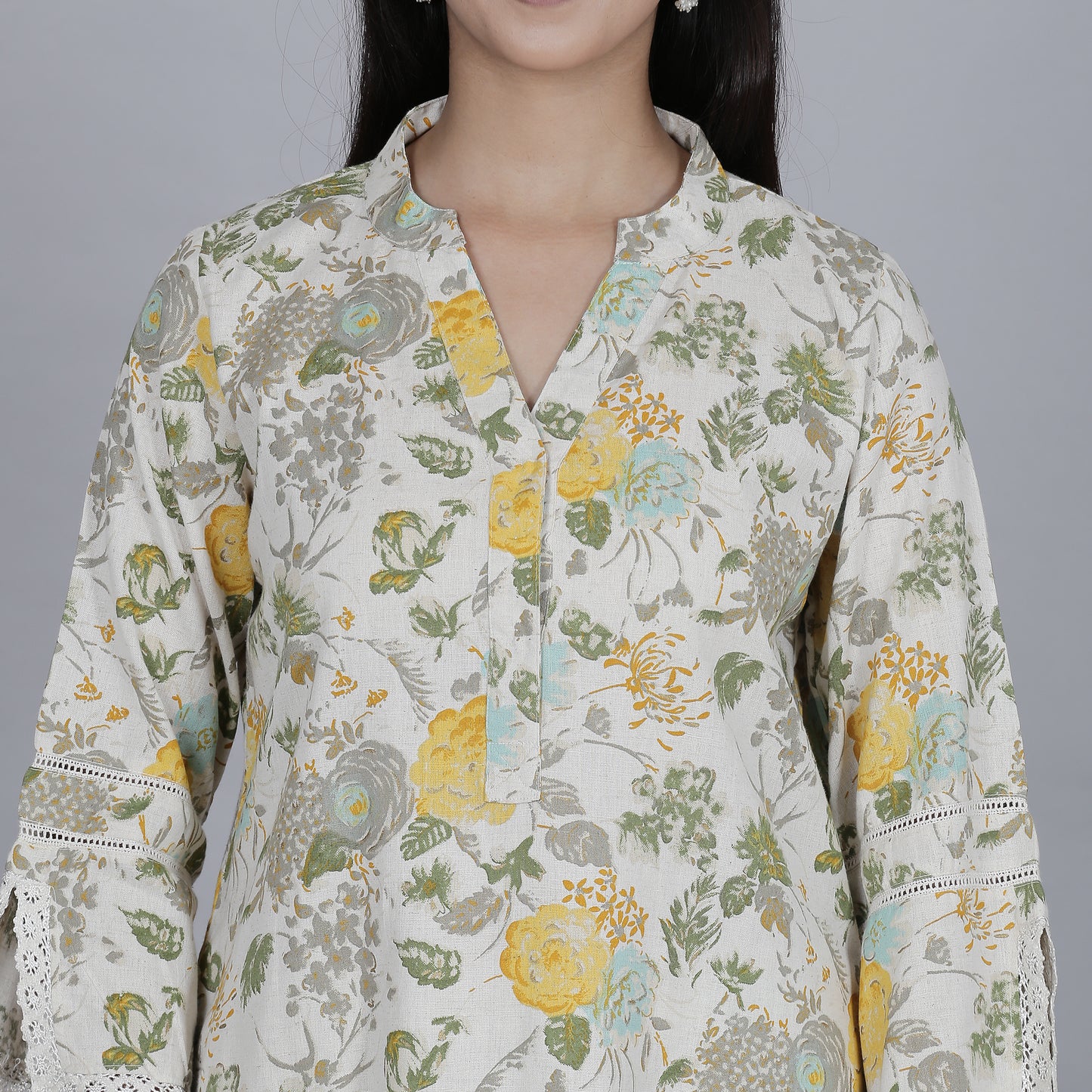 Yellow floral printed cotton flax co-ord set