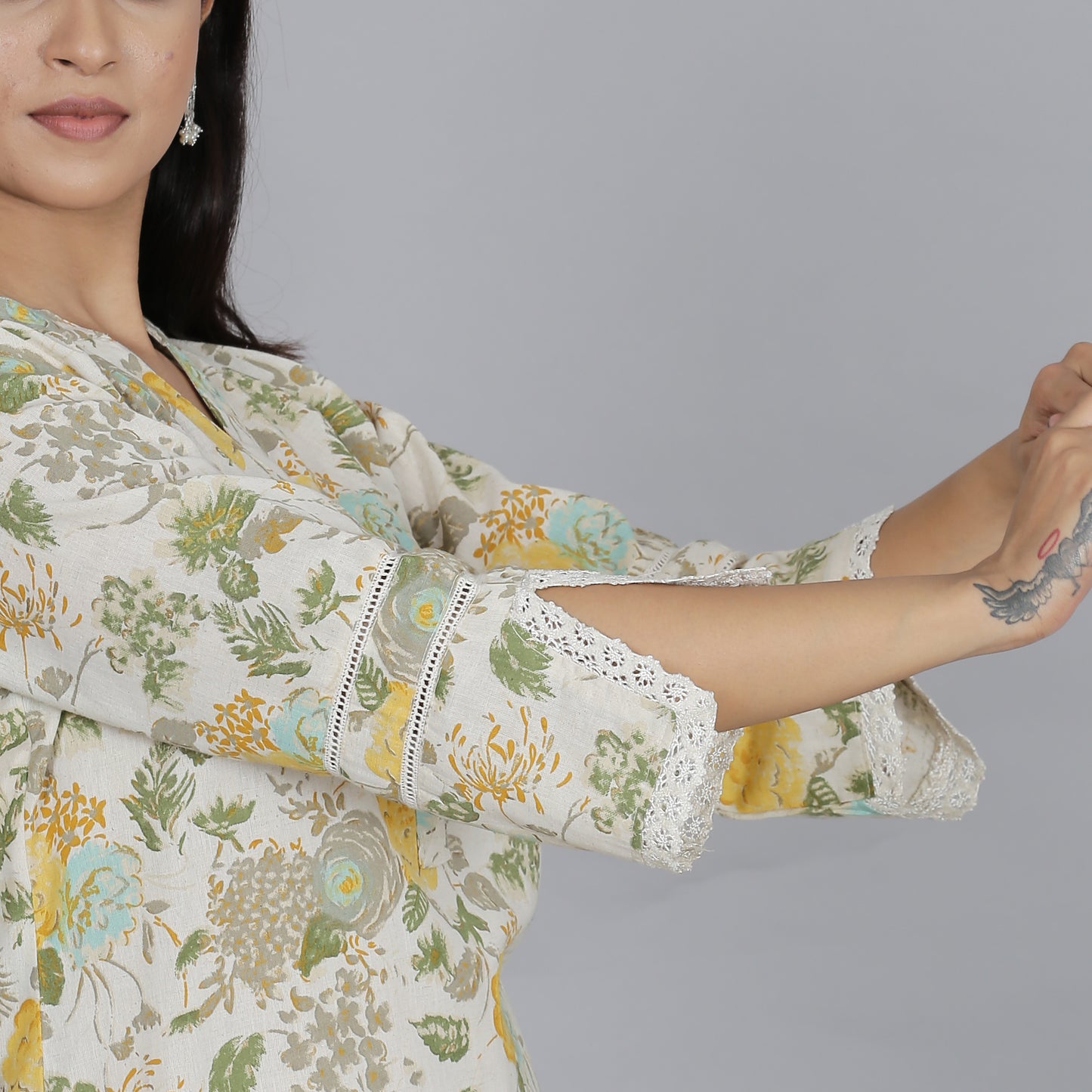 Yellow floral printed cotton flax co-ord set