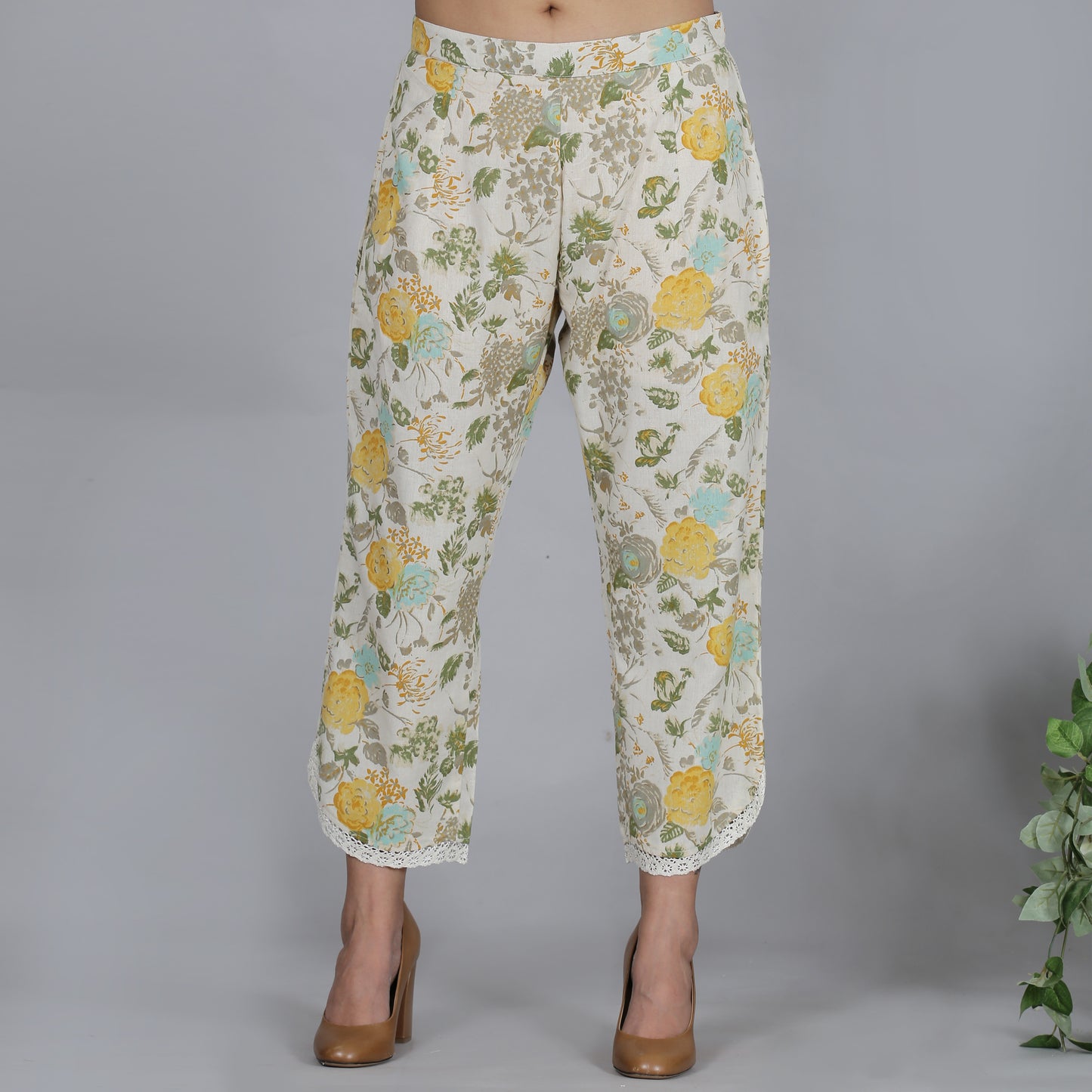 Yellow floral printed cotton flax co-ord set