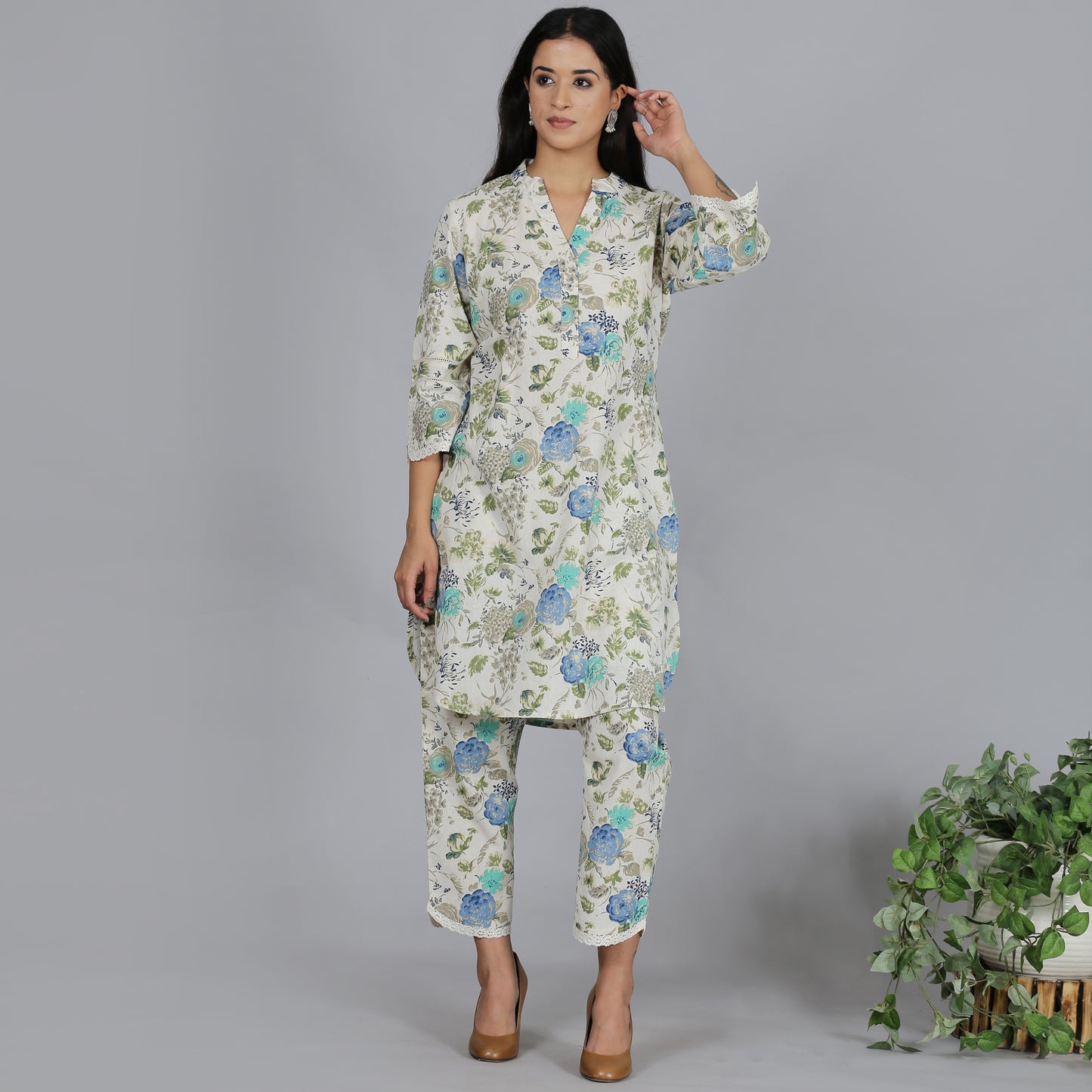 Blue floral printed cotton flax co-ord set