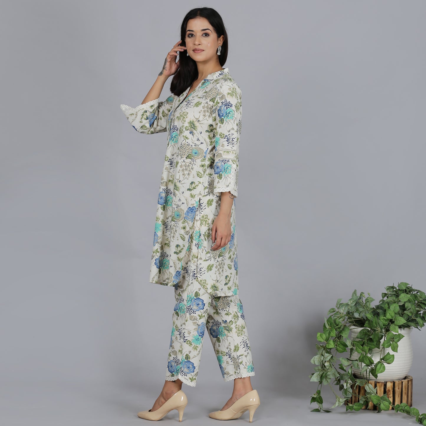 Blue floral printed cotton flax co-ord set