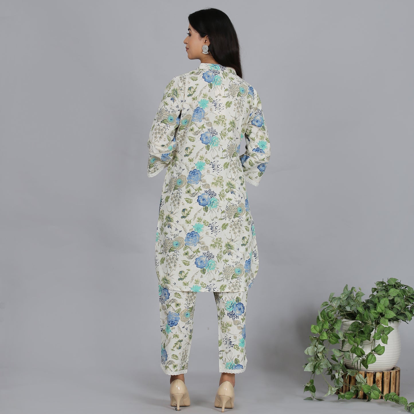 Blue floral printed cotton flax co-ord set