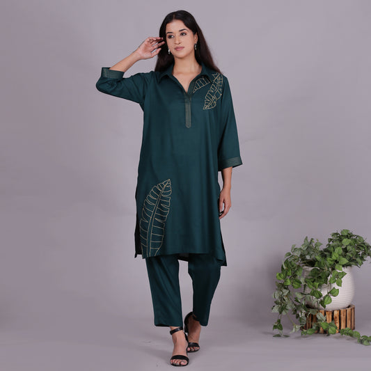 Green Embroidered Viscose cotton co-ord set