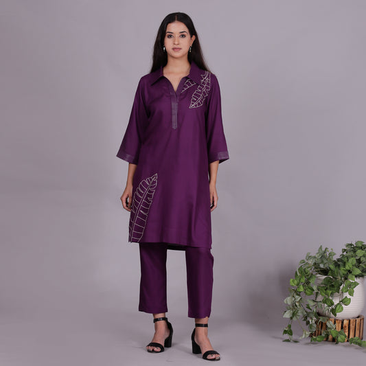 Purple Embroidered Viscose cotton co-ord set
