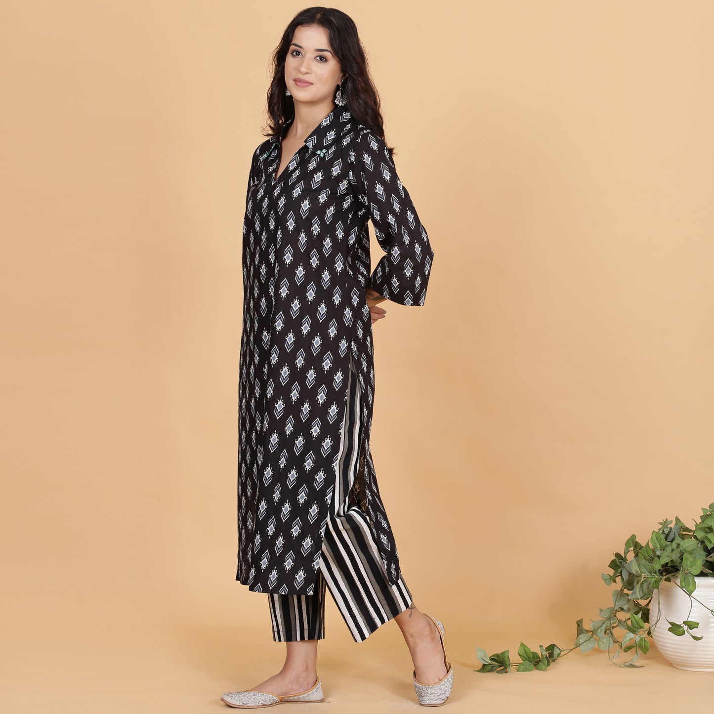 Black ikat co-ord set with striped pants