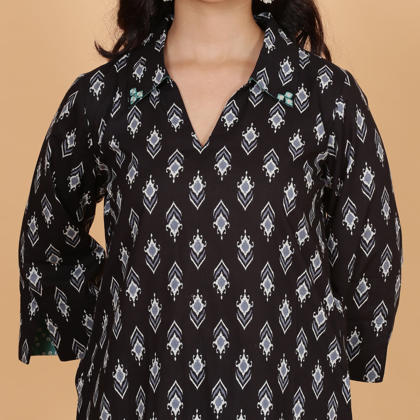 Black ikat co-ord set with striped pants