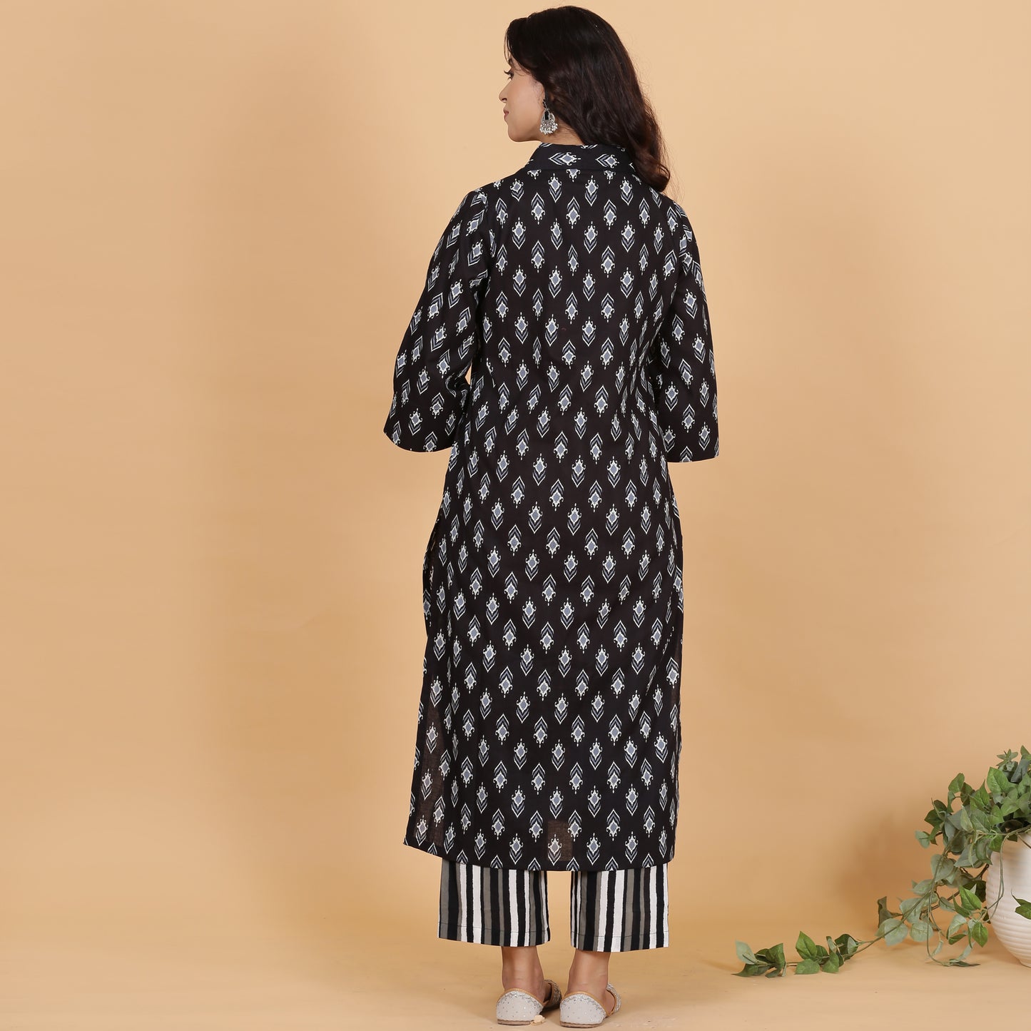 Black ikat co-ord set with striped pants