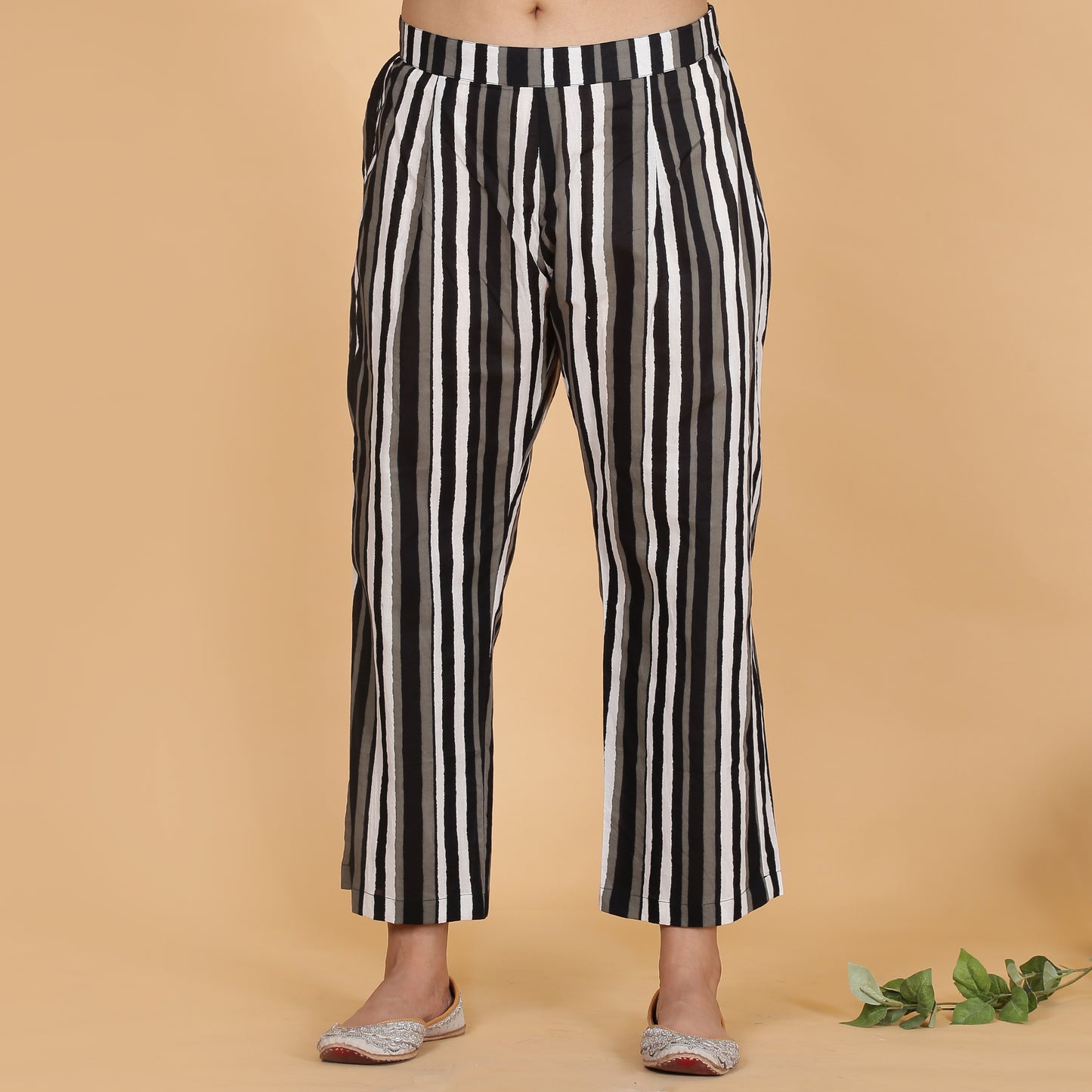 Black ikat co-ord set with striped pants
