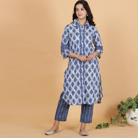 Blue printed full placket cotton kurta set