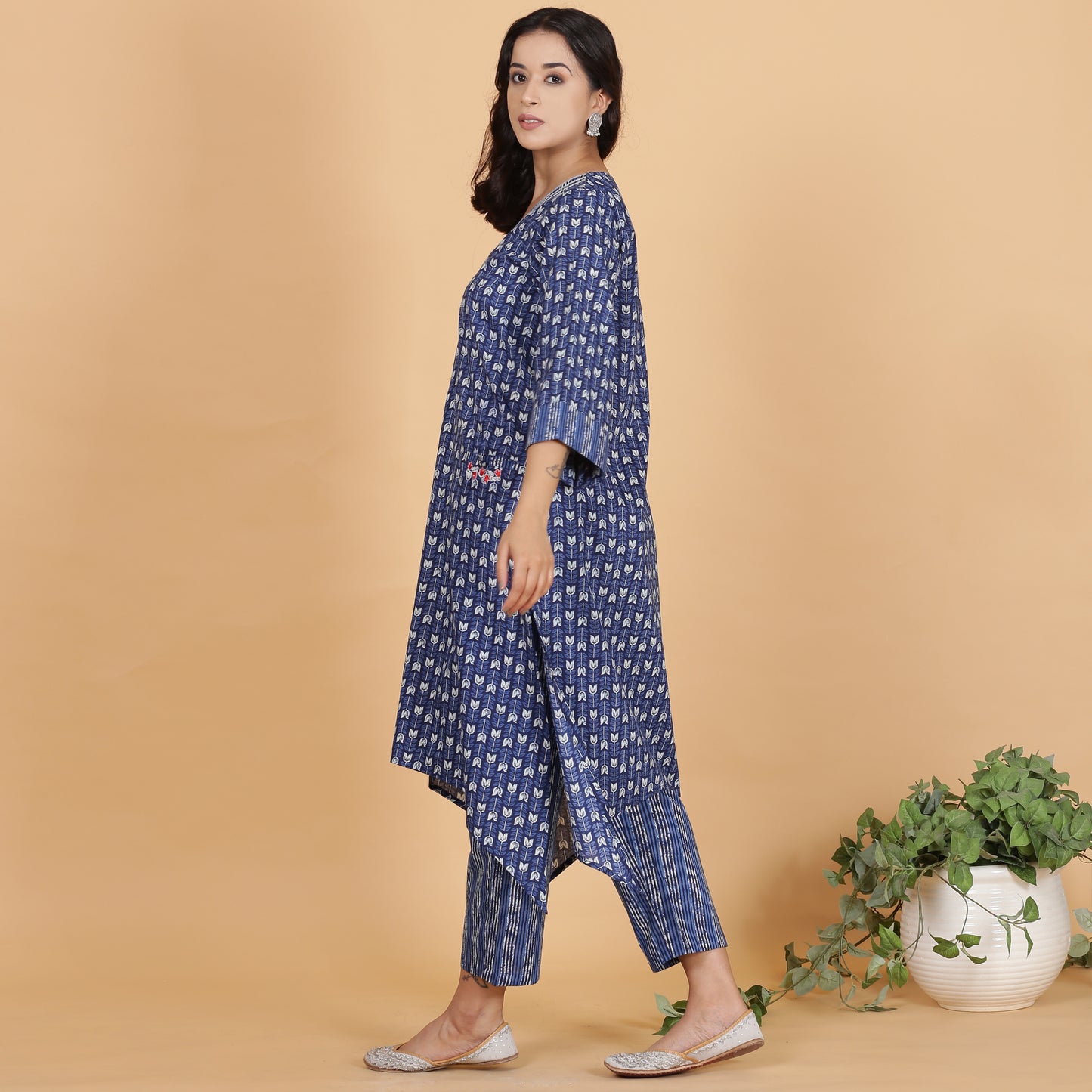 Blue pocket kurta set with Embroidery and striped pants