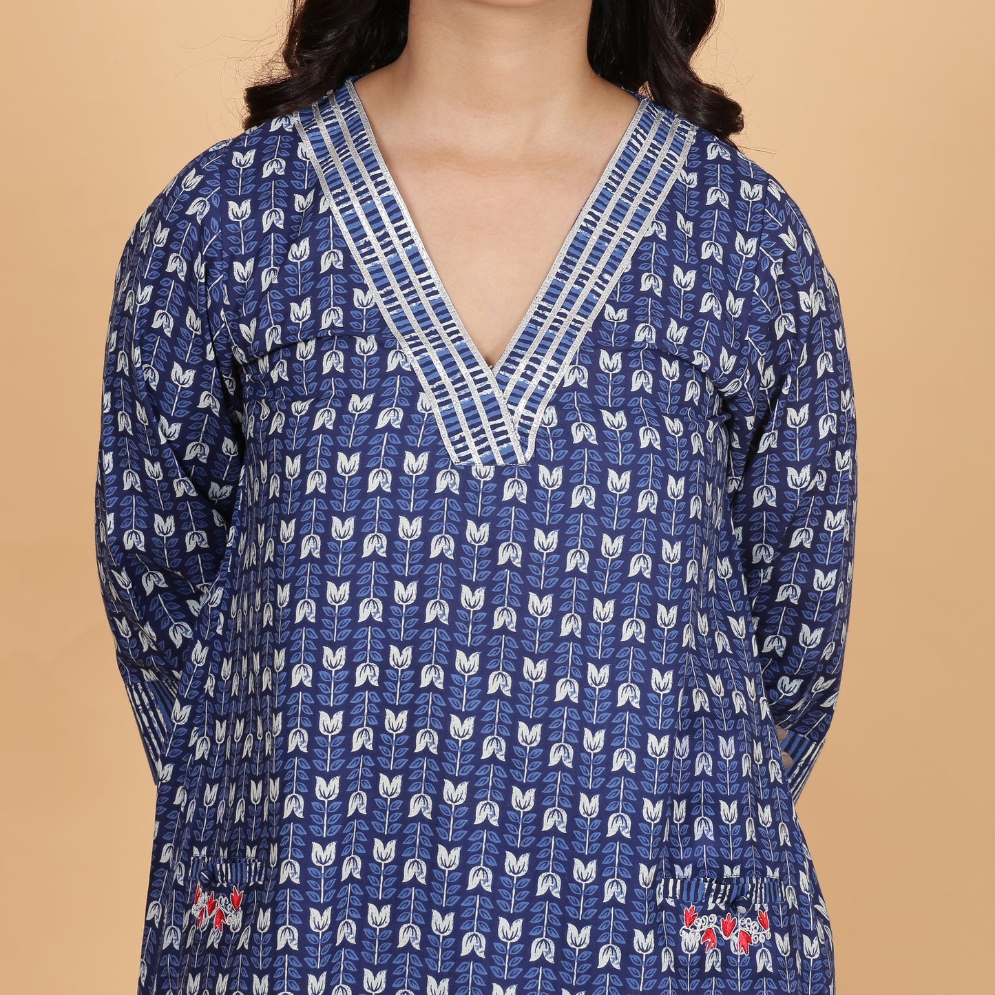 Blue pocket kurta set with Embroidery and striped pants