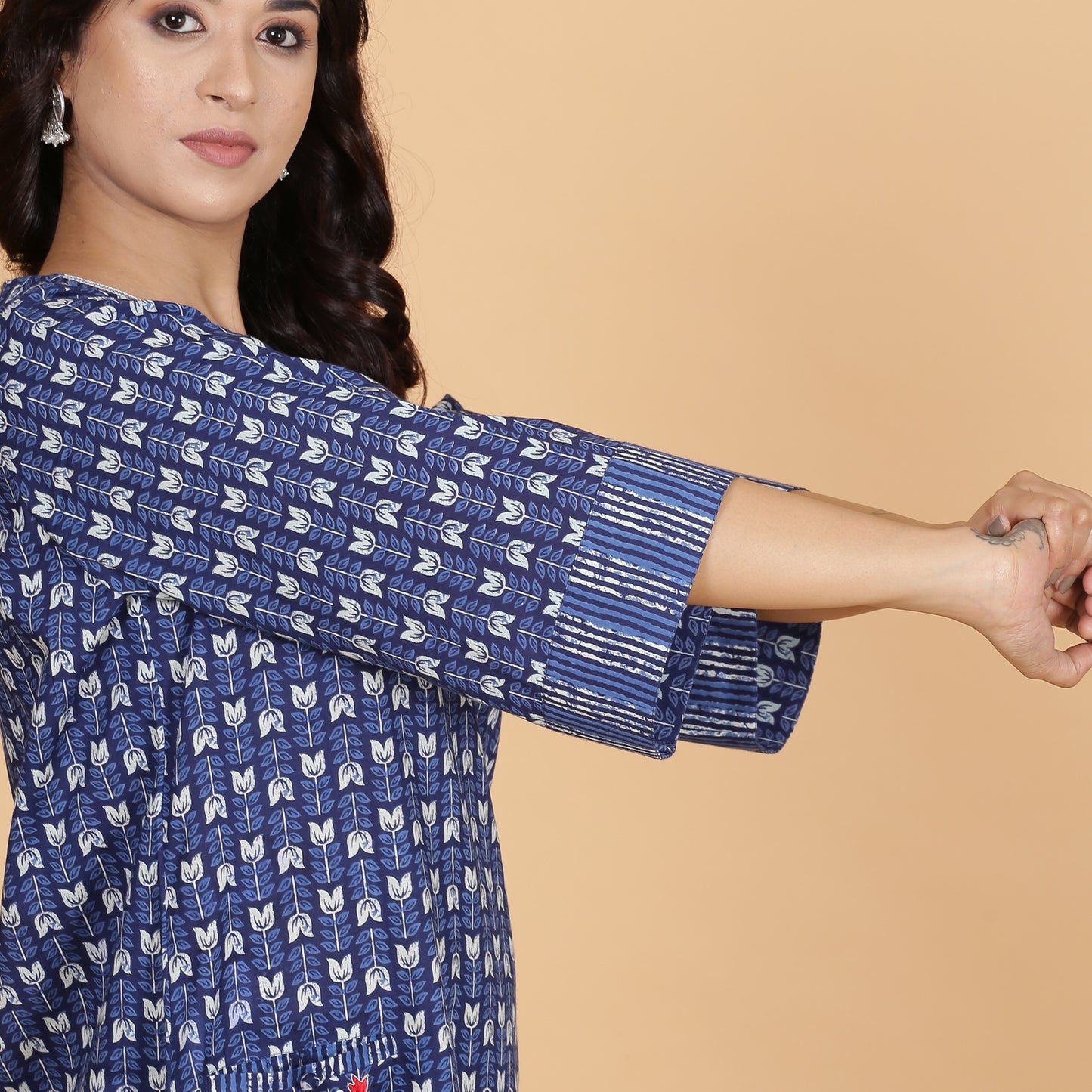 Blue pocket kurta set with Embroidery and striped pants