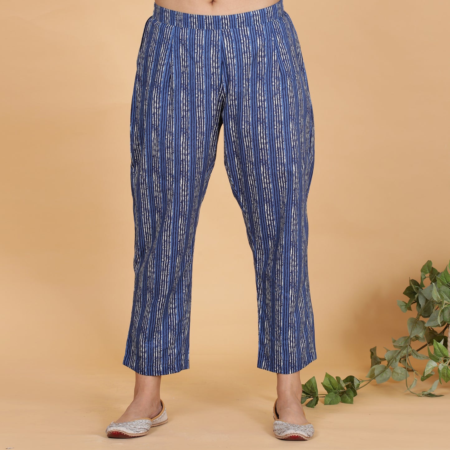 Blue pocket kurta set with Embroidery and striped pants