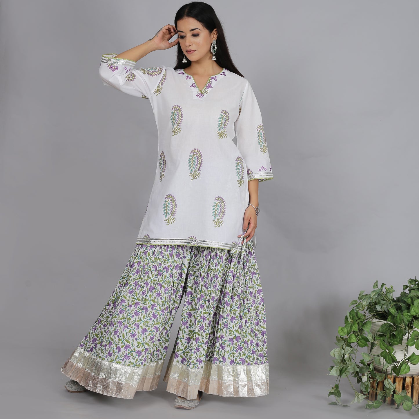 White and Violet printed sharara set