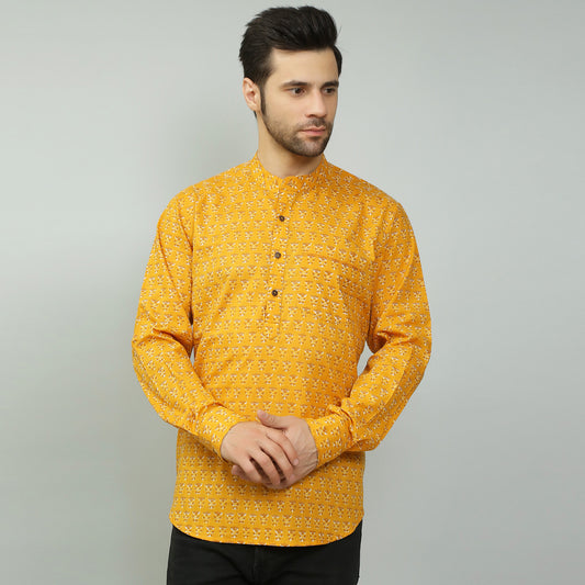 mustard Cotton printed full sleeves kurta style shirt