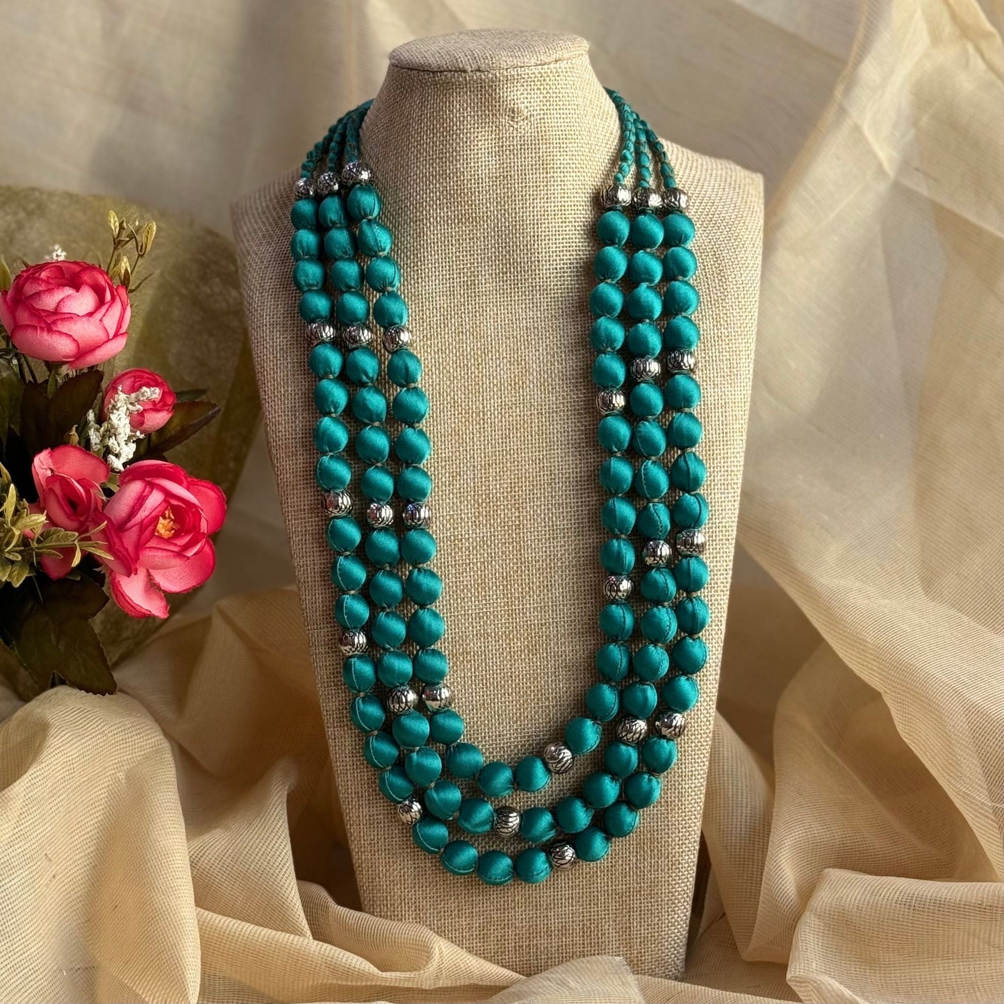 3 Layer Fabric Beaded Necklace in satin