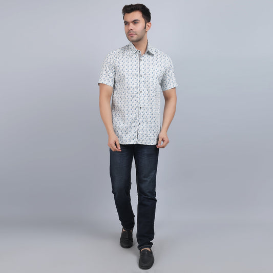 White Cotton printed half sleeves shirt