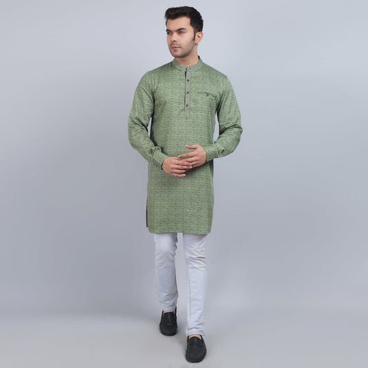 Olive green cotton full-sleeves band collar kurta in comfort fit