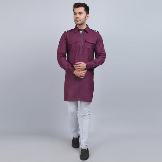 Purple cotton pathani full-sleeves shirt collar kurta in comfort fit
