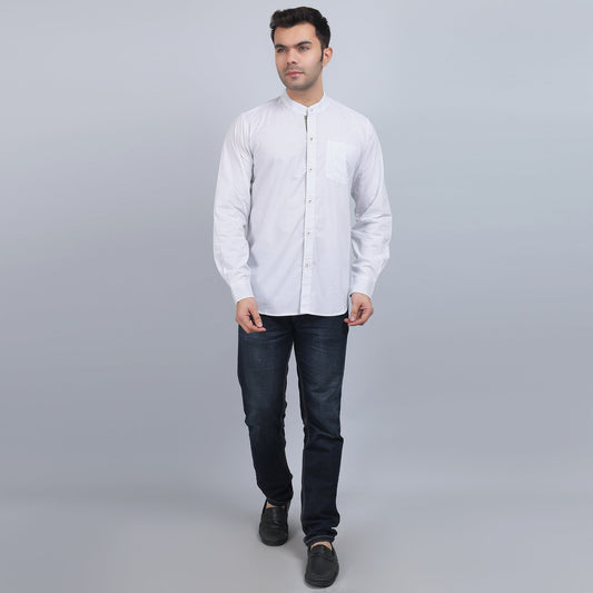 White Cotton printed band collar full sleeves shirt