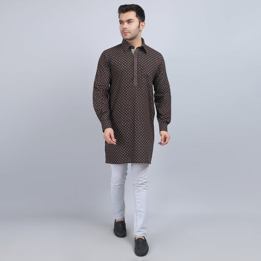 Brown full-sleeves shirt collar kurta in comfort fit