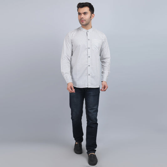 White Cotton printed band collar full sleeves shirt