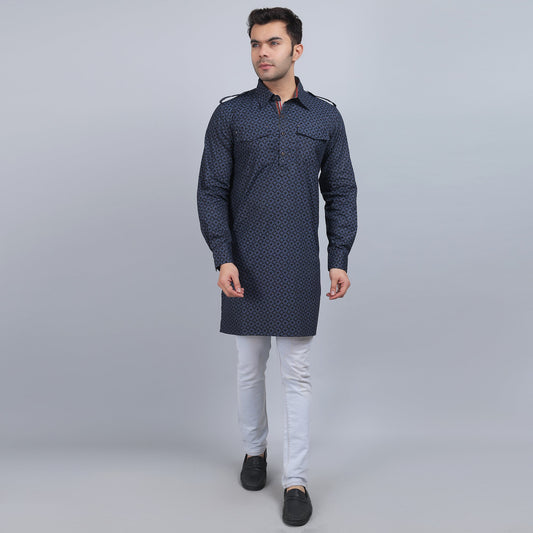 Blue grey cotton pathani full-sleeves shirt collar kurta in comfort fit