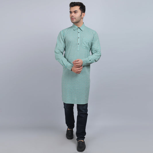 Green cotton full-sleeves shirt collar kurta in comfort fit