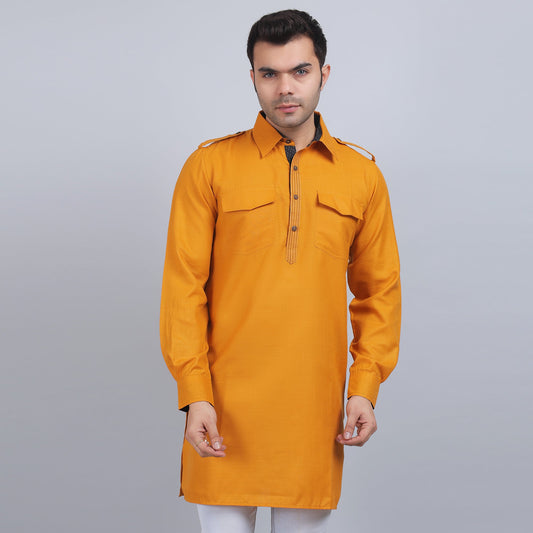 Mustard cotton pathani full-sleeves shirt collar kurta in comfort fit