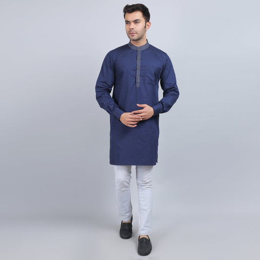 Navy Blue cotton full-sleeves  band collar kurta in comfort fit
