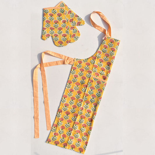 Yellow block printed apron set