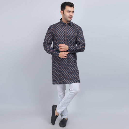 Navy Blue cotton full-sleeves shirt collar kurta in comfort fit