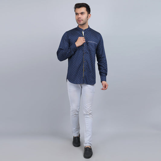 Navy blue Cotton printed band collar full sleeves shirt