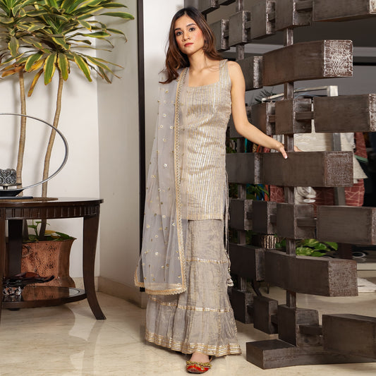 Grey metallic chanderi sharara set