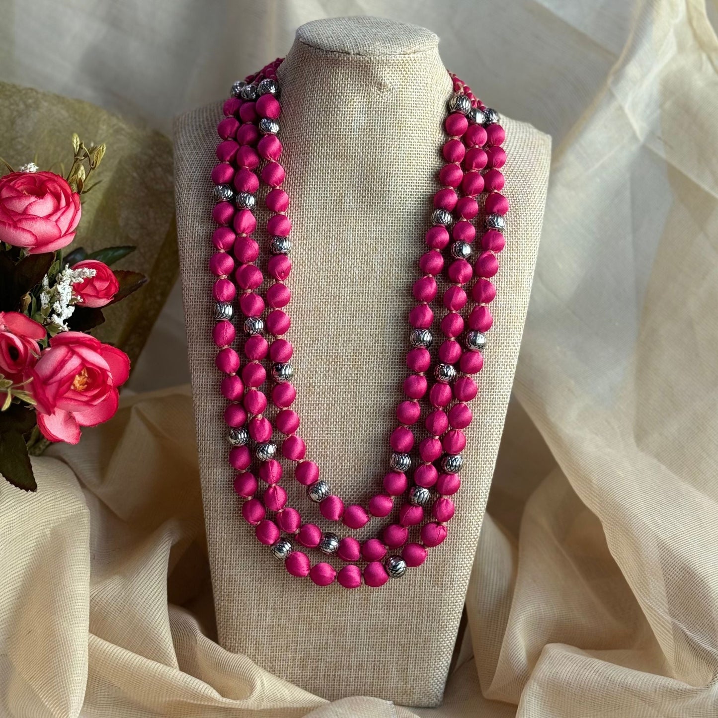 3 Layer Fabric Beaded Necklace in satin